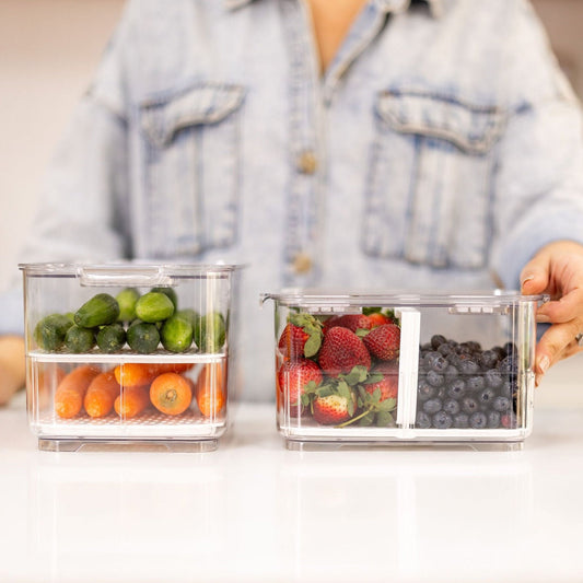 Fridge Organiser with Drainage Plug - Set of 2 for Fridge storage and organisation. Keep your food fresher in our storage containers. Great for Meal Prep and Fridge organisation