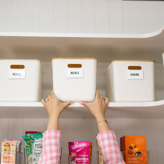 White Storage Container with Bamboo Lid - 8 Pack - Little Label Co The Home of Organisation For Kitchen, Bathroom, Laundry & More