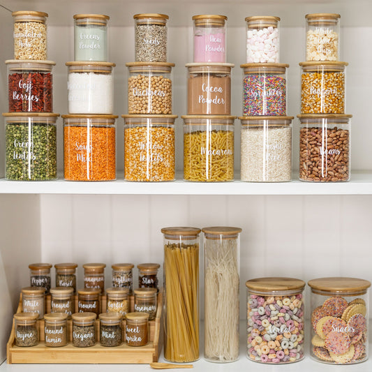 Bamboo Glass Deluxe Pack for pantry organisation and food storage. Little Label Co Air Tight Containers for Pantry Organisation and Food Storage.