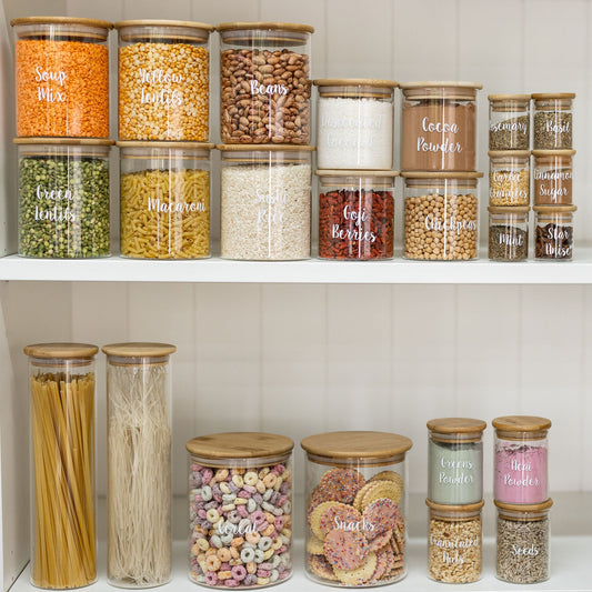 Bamboo Glass Jars Large Pantry Container Pack , Little Label Co Air Tight Containers for Pantry Organisation and Food Storage.