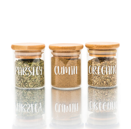small glass Pantry Container for herb and spice storage 75ml glass jar with bamboo lid. home organisation pantry jar for spice rack