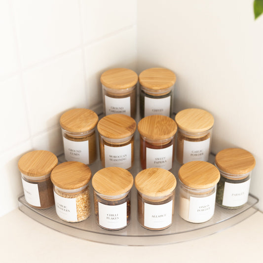 Clear 3-Tier Corner Spice Rack with 12x 75ml Spice Jars - Little Label Co The Home of Organisation For Kitchen, Bathroom, Laundry & More