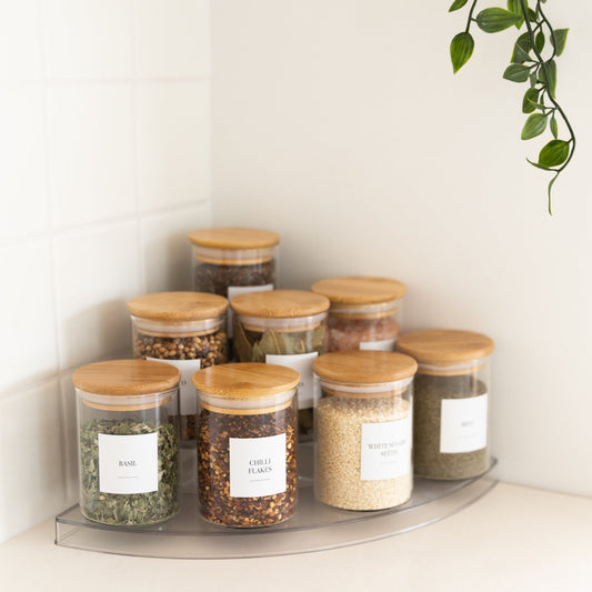 Clear 3-Tier Corner Spice Rack with 8x 200ml Spice Jars - Little Label Co The Home of Organisation For Kitchen, Bathroom, Laundry & More