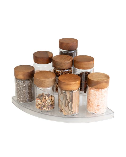 Clear 3-Tier Corner Shelf with 8x250ml Acacia Spice Jars - Little Label Co The Home of Organisation For Kitchen, Bathroom, Laundry & More