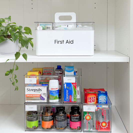 First aid and medicine organiser. Bathroom organisation and storage solutions.