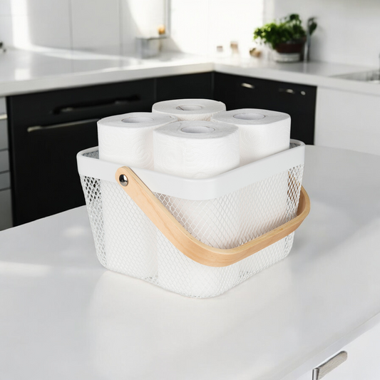 White Small Handy Storage Basket with Wooden Handle - Little Label Co The Home of Organisation For Kitchen, Bathroom, Laundry & More