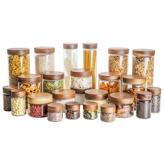 Acacia Glass Jar Deluxe Pantry Organisation Pack. these food storage jars are airtight and keep any pantry organised.
