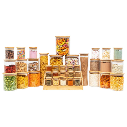 Bamboo Glass Deluxe Pack for pantry organisation and food storage. Little Label Co Air Tight Containers for Pantry Organisation and Food Storage.