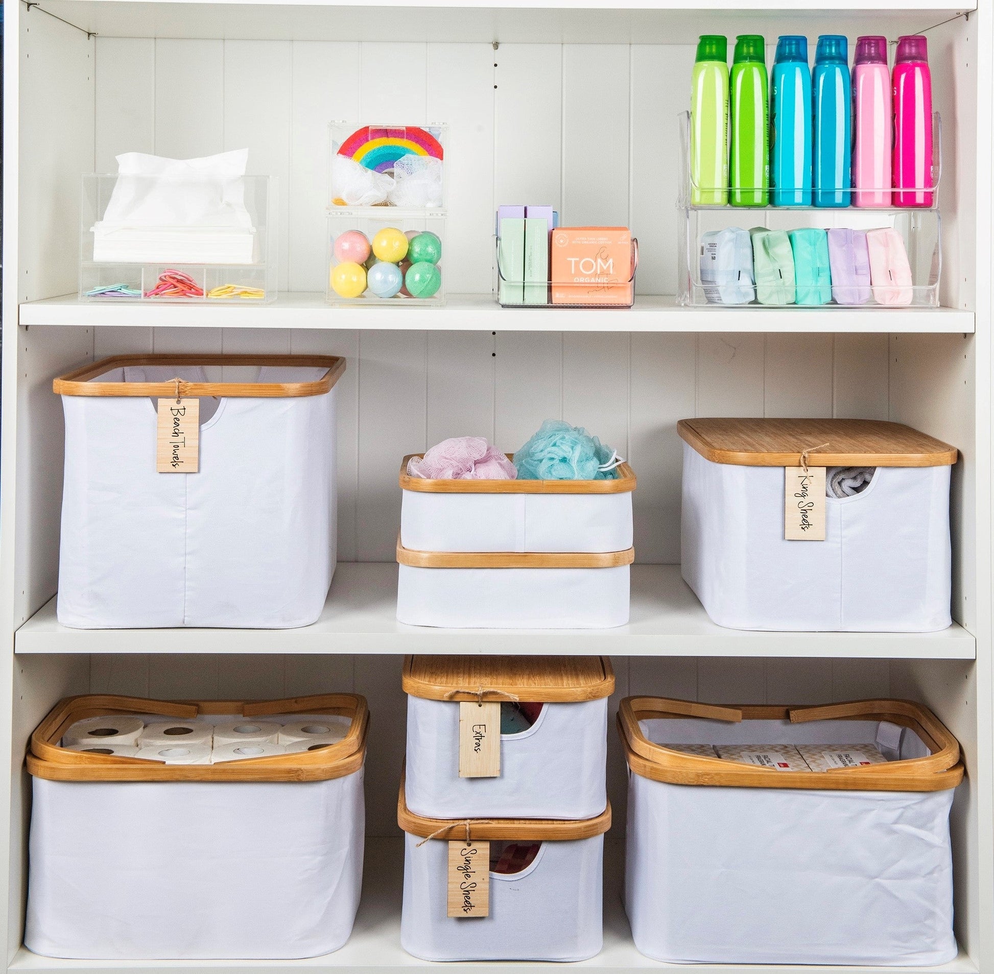 White Fabric Bamboo Linen Storage Basket Set - 8 Pack - Little Label Co The Home of Organisation For Kitchen, Bathroom, Laundry & More