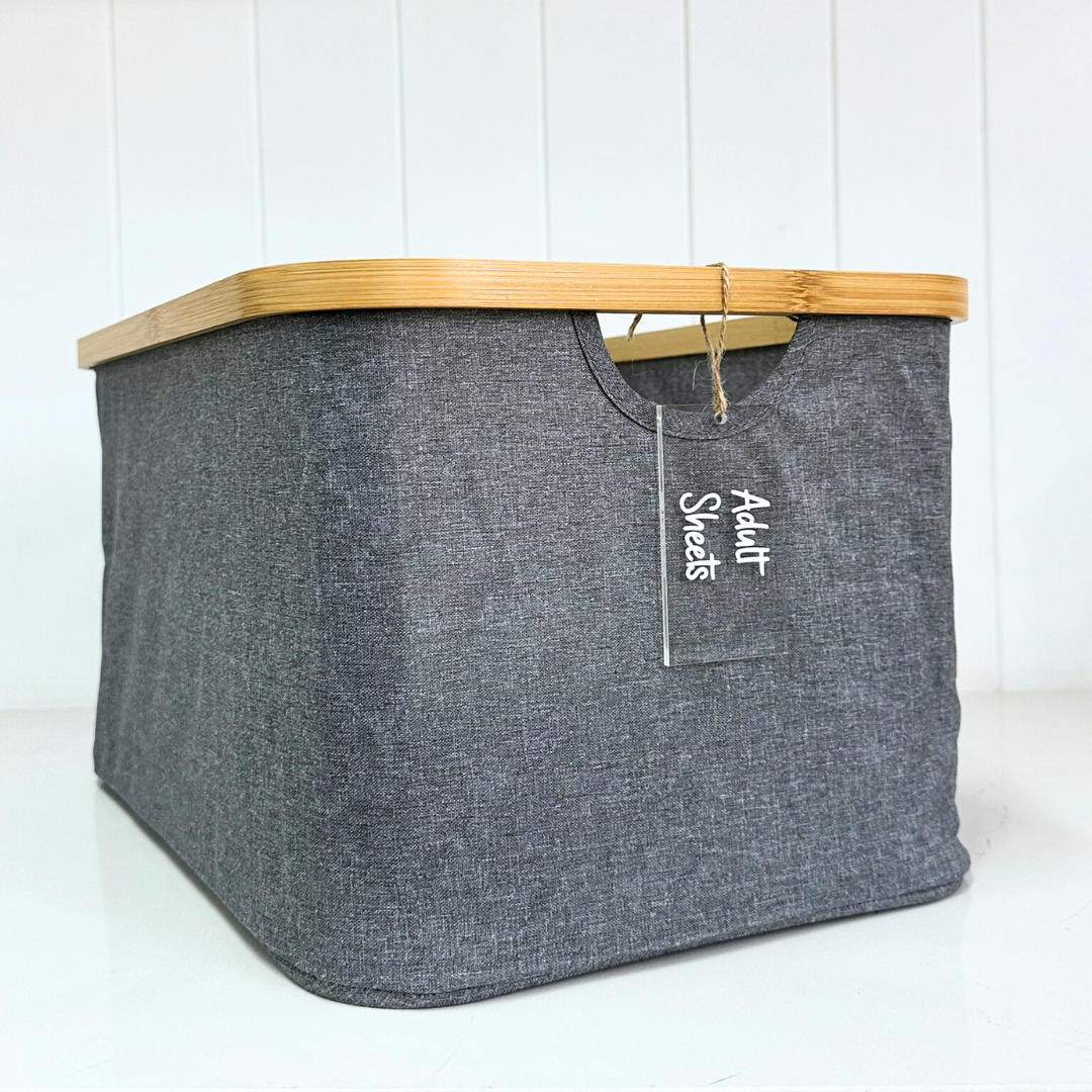 Dark Grey Linen Storage Basket - 7 Set - Little Label Co The Home of Organisation For Kitchen, Bathroom, Laundry & More