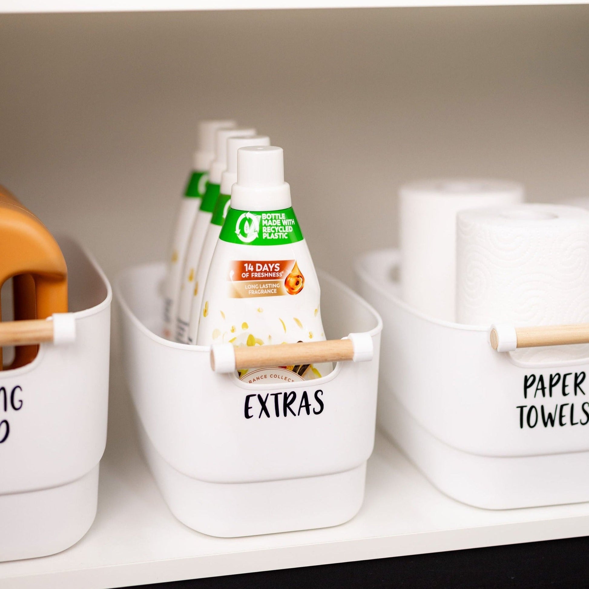 Medium White Storage Tub with Wooden Handle - Little Label Co The Home of Organisation For Kitchen, Bathroom, Laundry & More