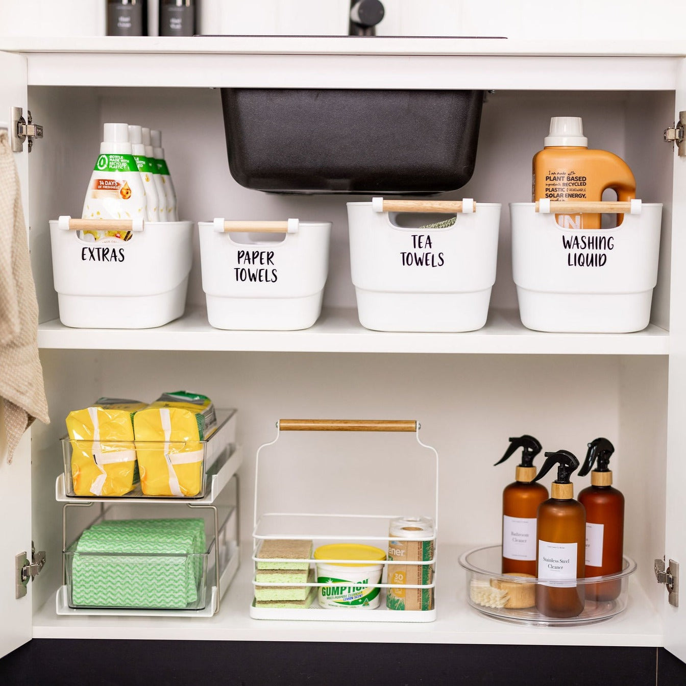 Large White Storage Tub with Wooden Handle - Little Label Co The Home of Organisation For Kitchen, Bathroom, Laundry & More