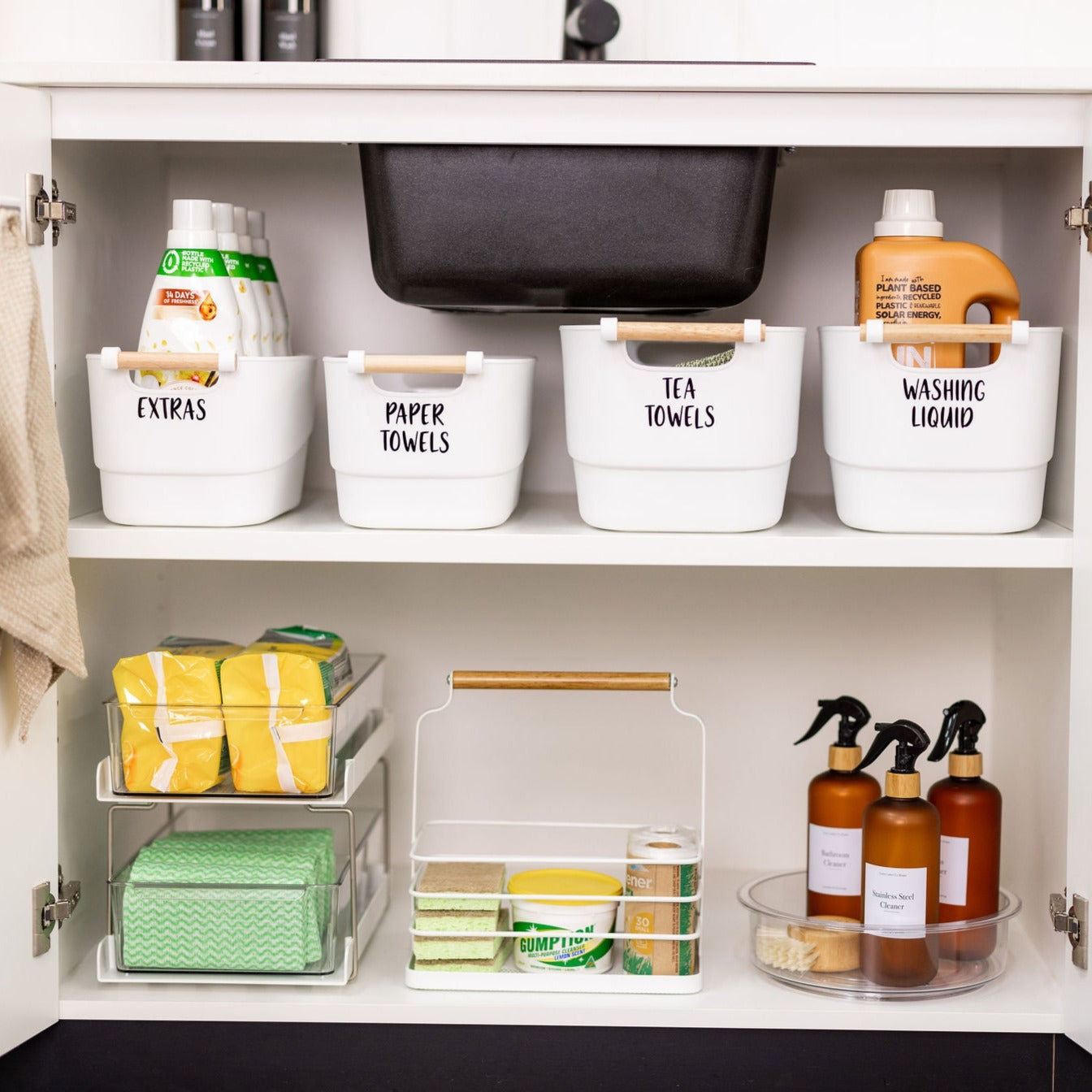 Medium White Storage Tub with Wooden Handle - Little Label Co The Home of Organisation For Kitchen, Bathroom, Laundry & More