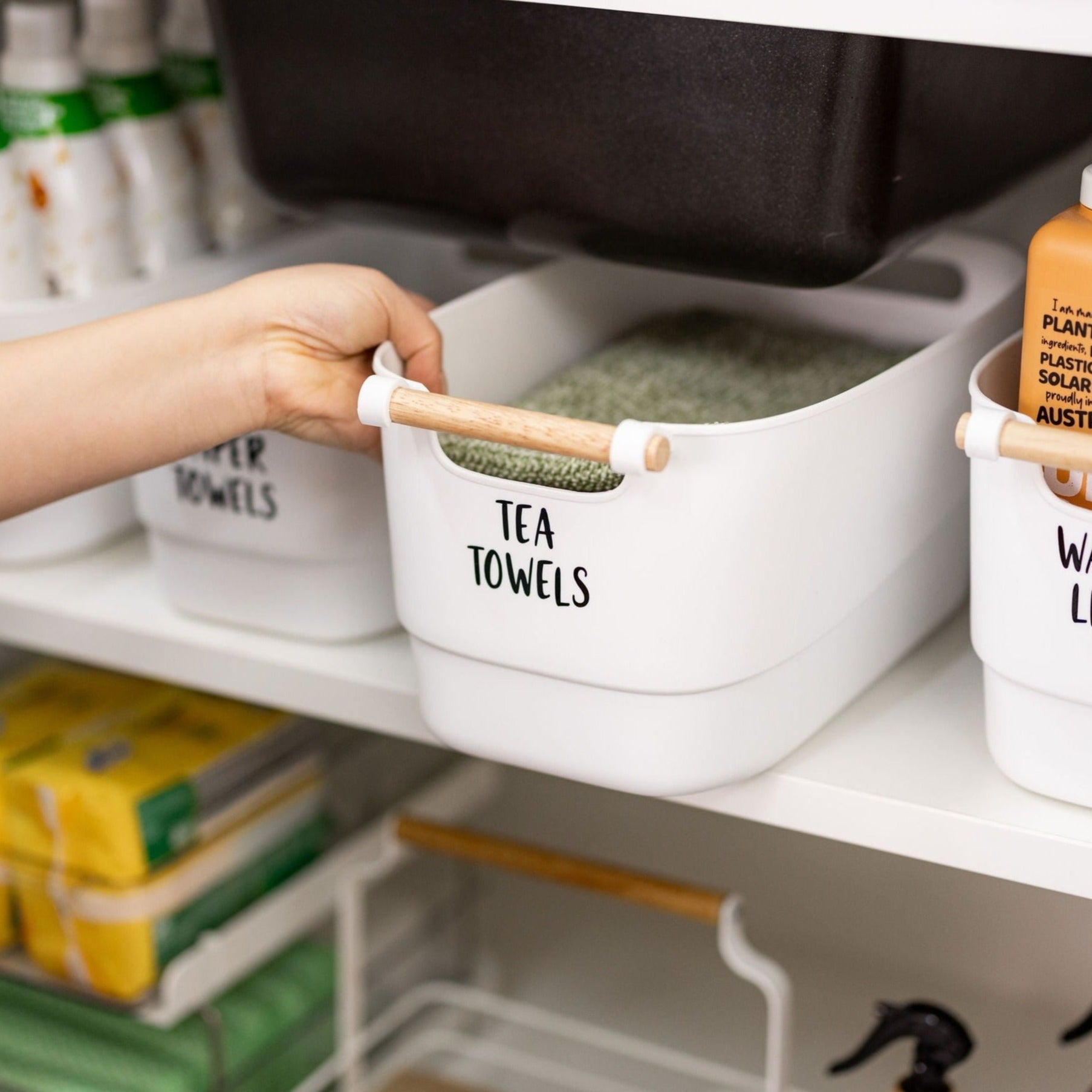Large White Storage Tub with Wooden Handle - Little Label Co The Home of Organisation For Kitchen, Bathroom, Laundry & More