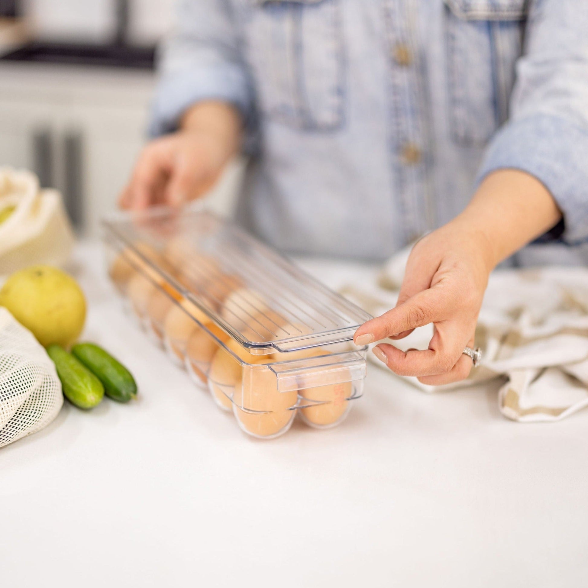 Clear Fridge Egg Organiser Tray. Egg holder and storage tray for 14 eggs