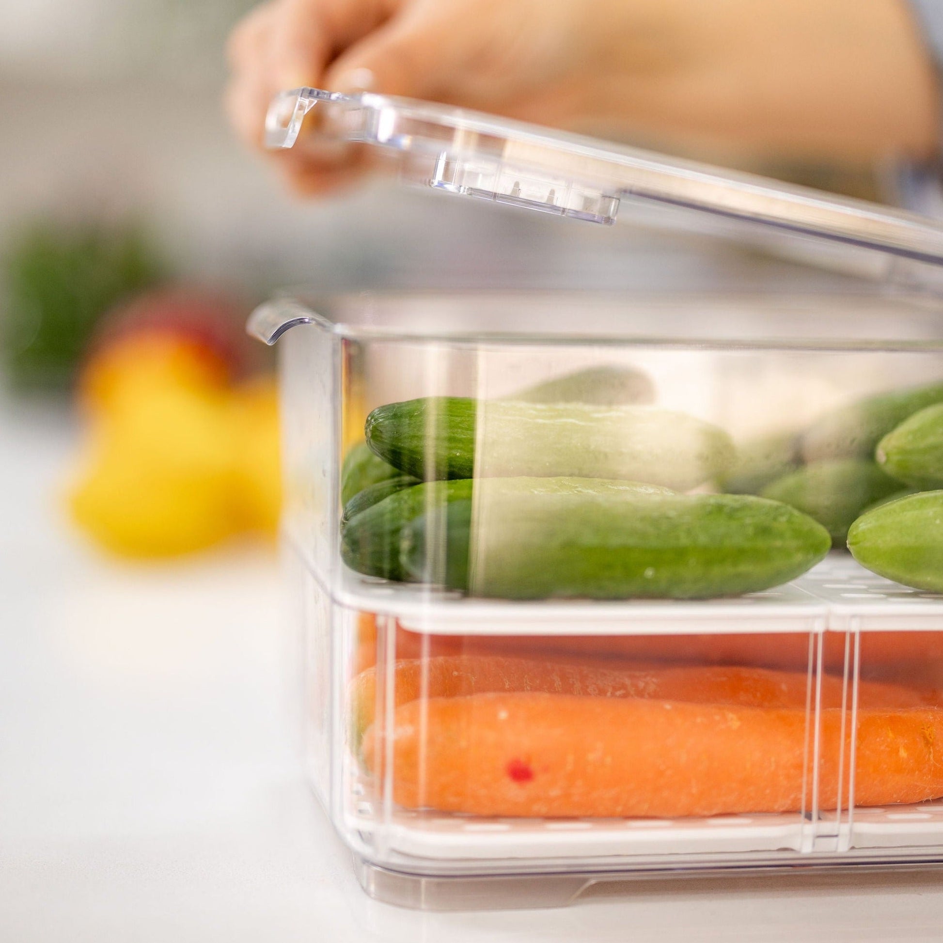 Fridge Organiser with Drainage Plug - Set of 2 for Fridge storage and organisation. Keep your food fresher in our storage containers.  Great for Meal Prep and Fridge organisation