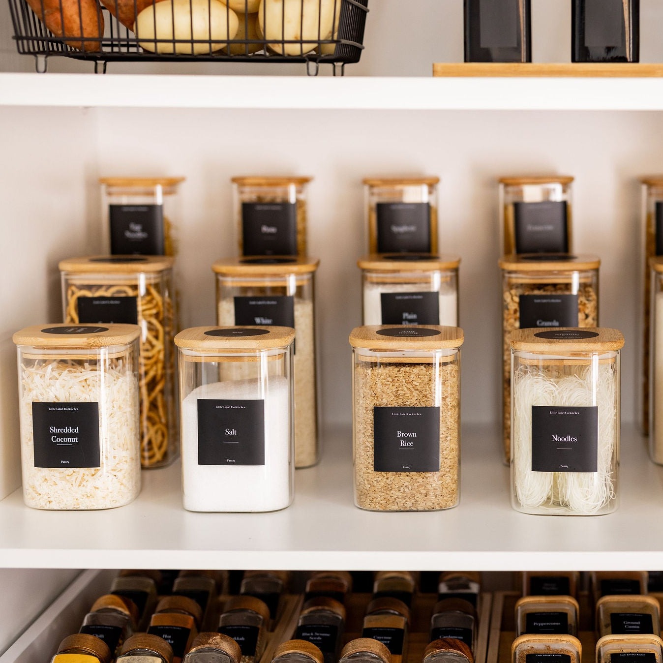 Square Bamboo Glass Pantry Pack for pantry organisation and food storage. Little Label Co Air Tight Containers for Pantry Organisation and Food Storage. 