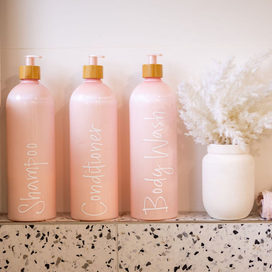 Light Metallic Pink Bathroom Pump Bottle - 1L - Little Label Co The Home of Organisation For Kitchen, Bathroom, Laundry & More