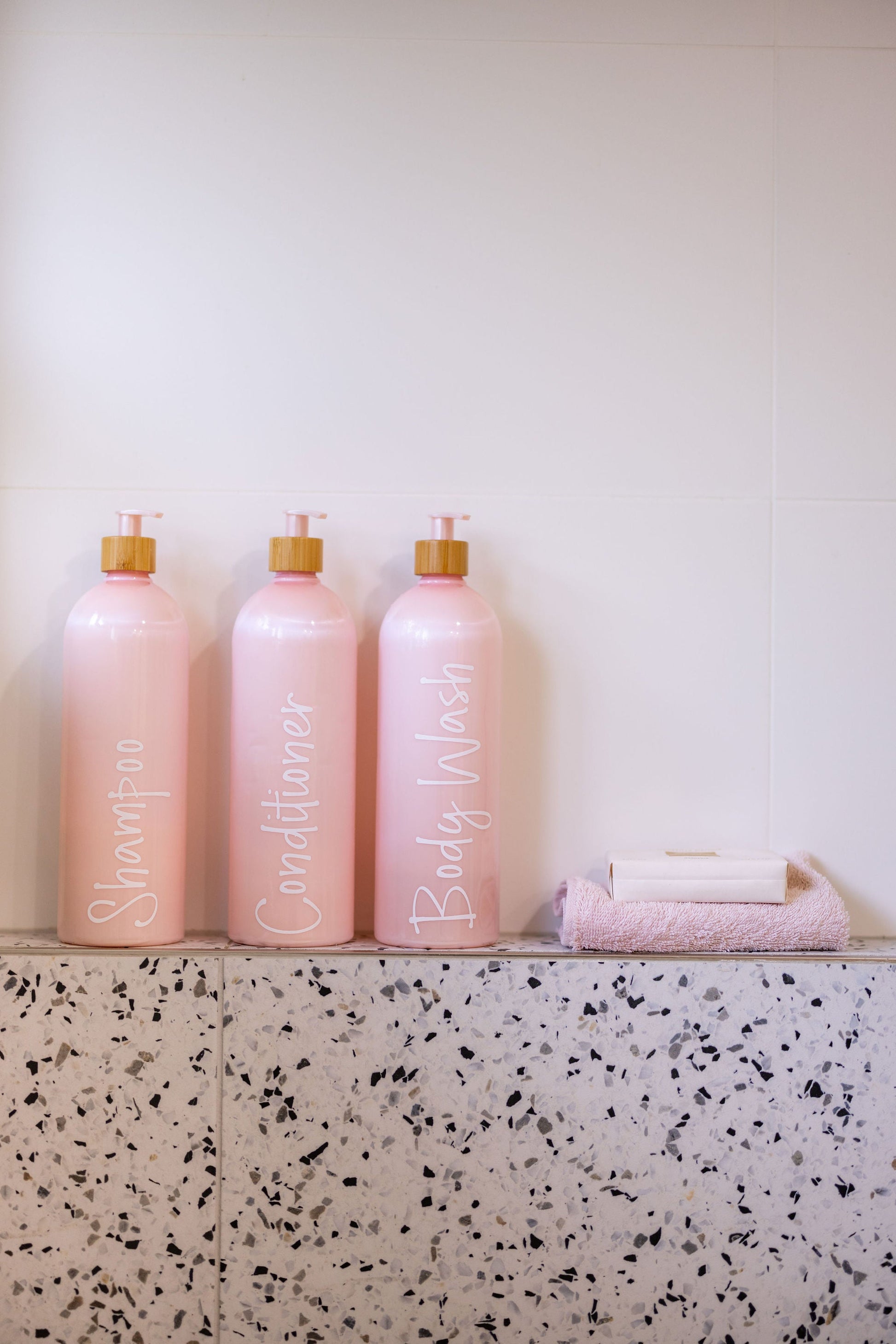 Light Metallic Pink Bathroom Pump Bottle - 1L - Little Label Co The Home of Organisation For Kitchen, Bathroom, Laundry & More