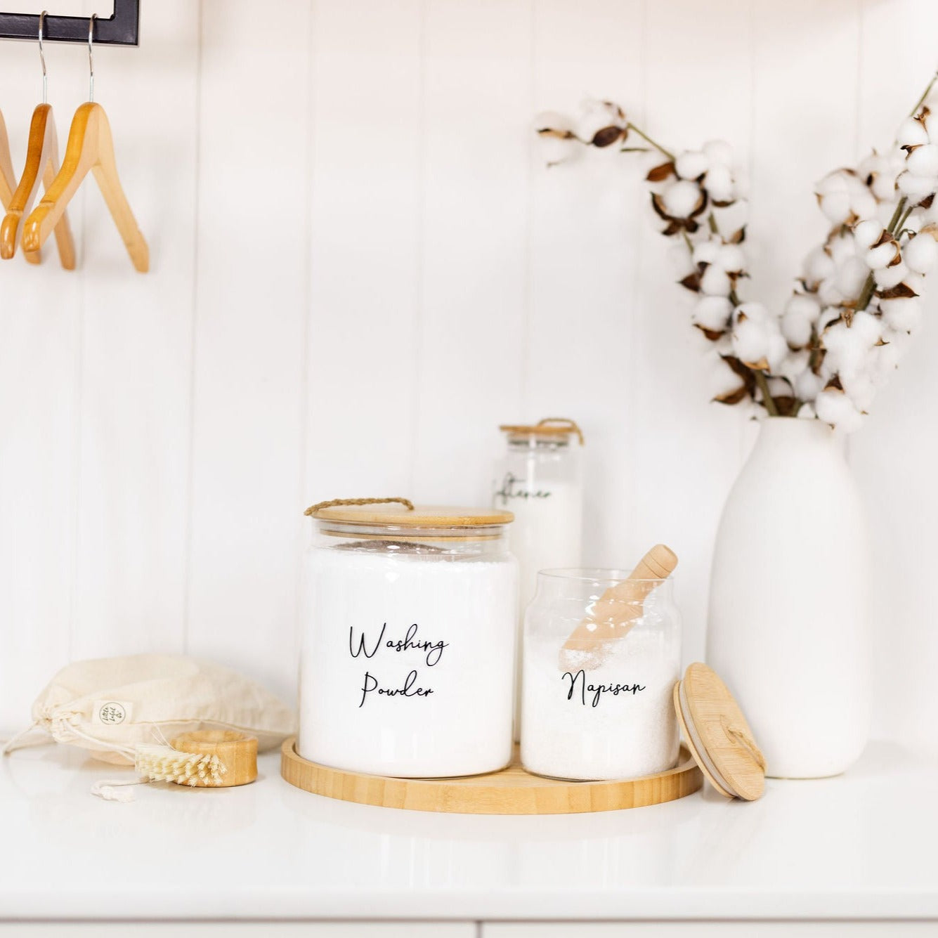 Bamboo and Glass 5 Piece Laundry Pack with Liquid Jar - Little Label Co - Laundry Detergent - Bamboo Storage Solutions, Glass jars with lids, storage containers, laundry storage ideas