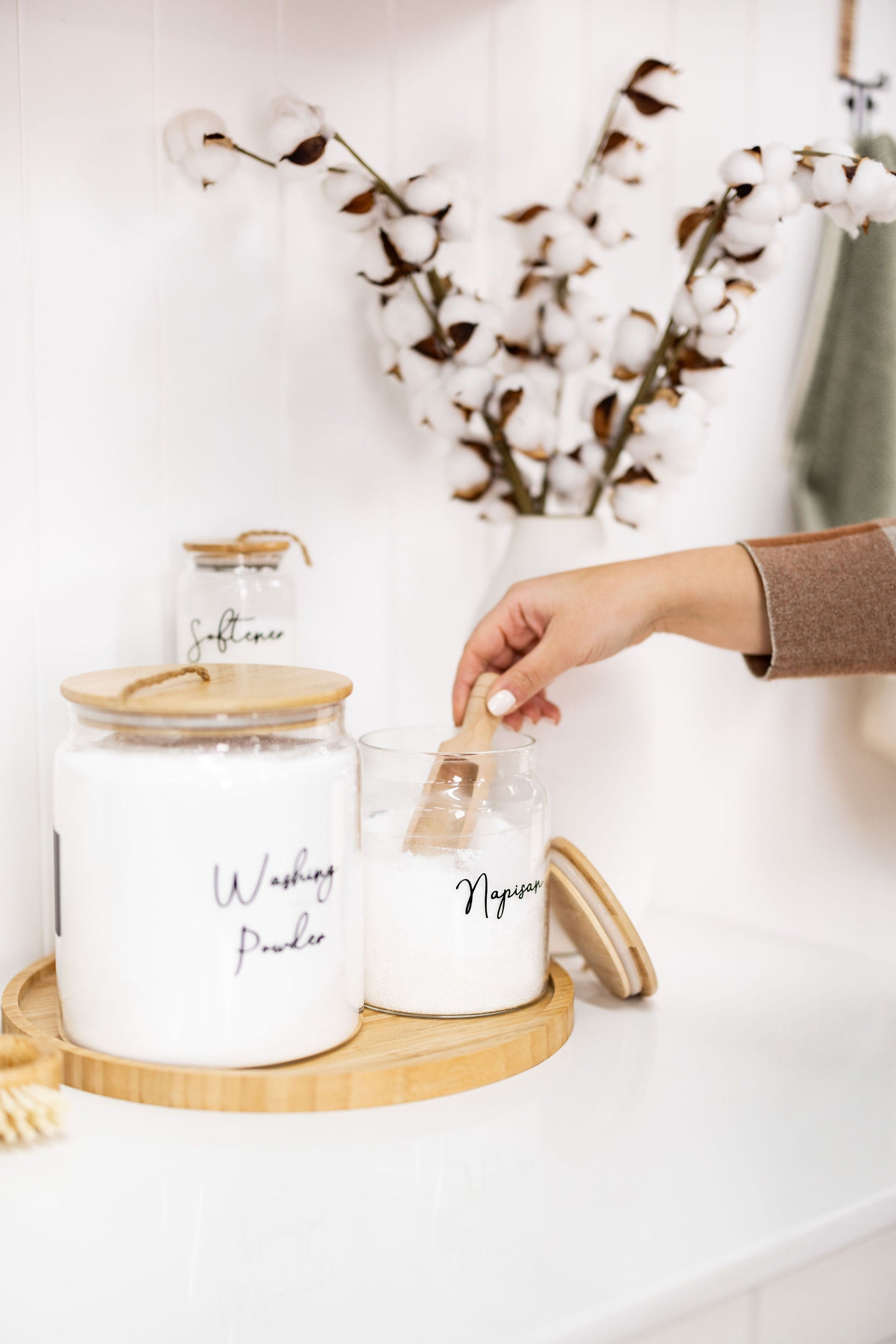 Bamboo and Glass 5 Piece Laundry Pack with Liquid Jar - Little Label Co - Laundry Detergent - Bamboo Storage Solutions, Glass jars with lids, storage containers, laundry storage ideas