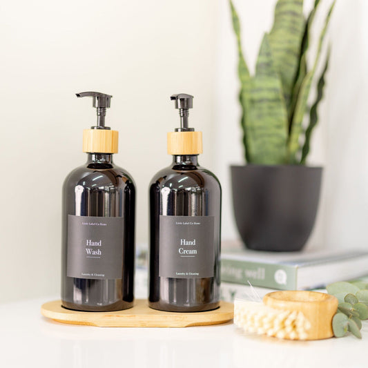 Black Glass Pump Bottle - 500ml - Little Label Co The Home of Organisation For Kitchen, Bathroom, Laundry & More