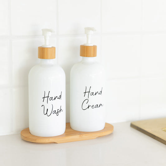 White Glass Pump Bottles with Bamboo Tray - 500ml