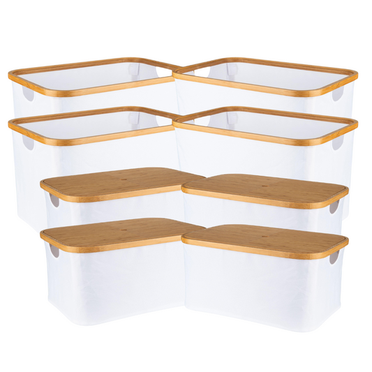 White Fabric Bamboo Linen Storage Basket Set - 8 Pack - Little Label Co The Home of Organisation For Kitchen, Bathroom, Laundry & More