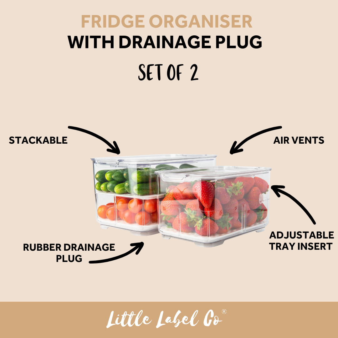 Fridge Organiser with Drainage Plug - Set of 2 - Little Label Co The Home of Organisation For Kitchen, Bathroom, Laundry & More