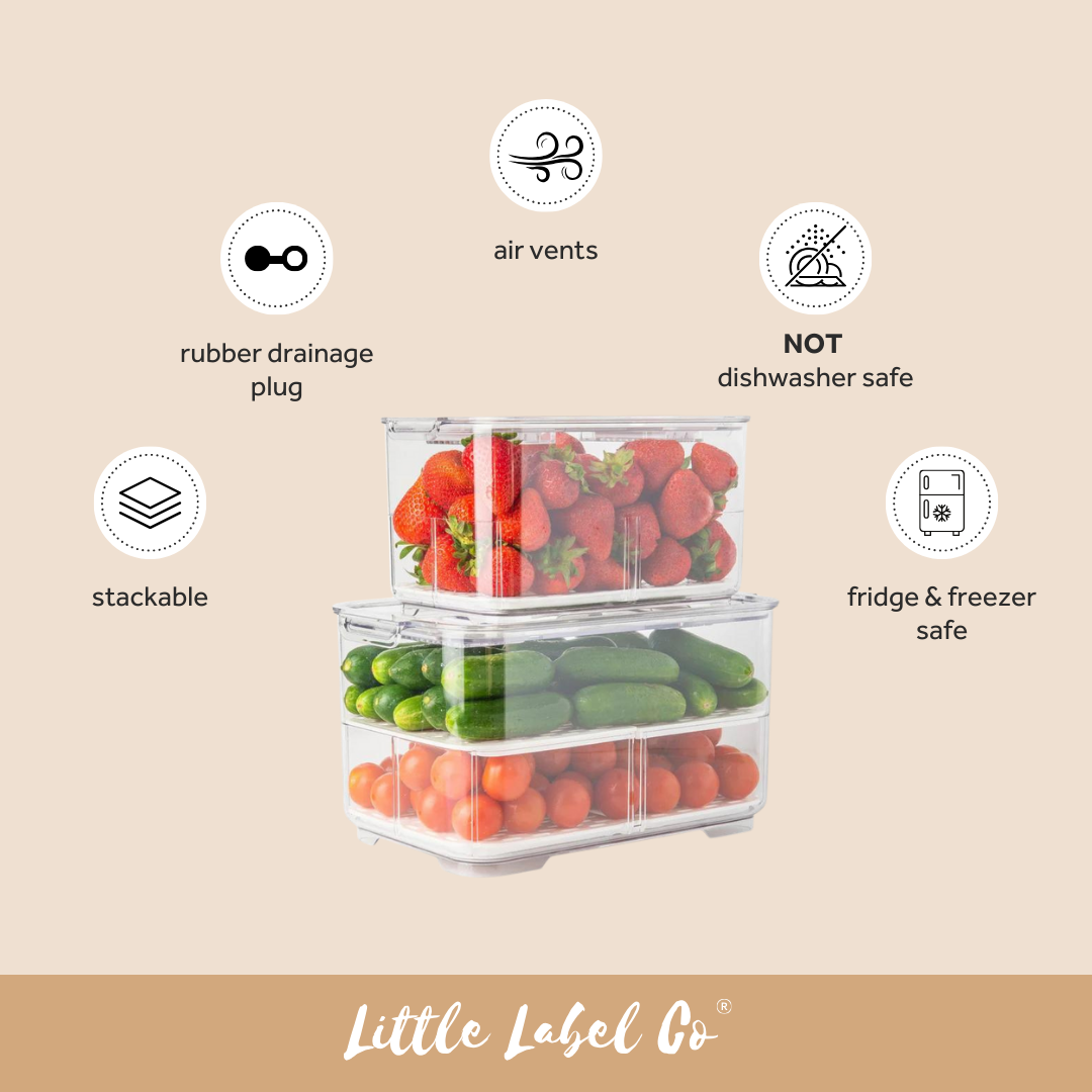 Fridge Organiser with Drainage Plug - Set of 2 - Little Label Co The Home of Organisation For Kitchen, Bathroom, Laundry & More