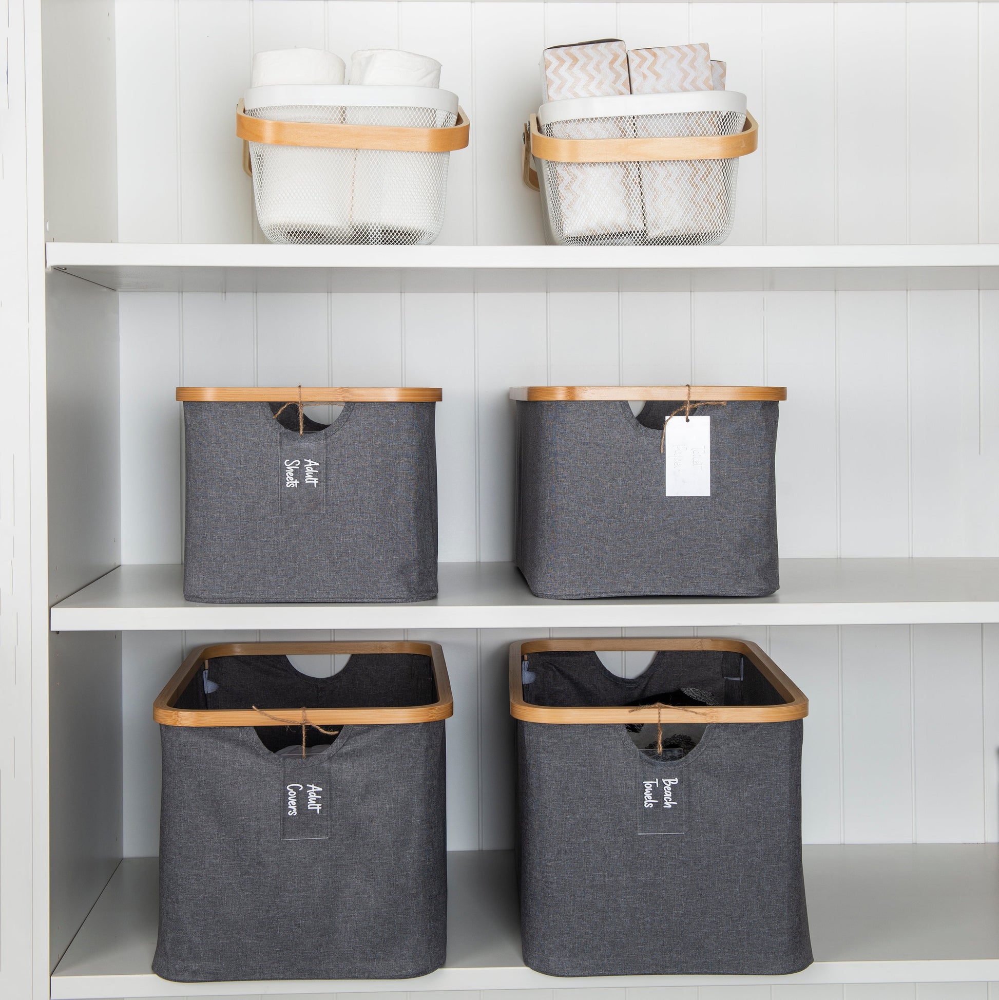 Dark Grey Linen Storage Basket and White Mesh Handy Basket - 6 Set - Little Label Co The Home of Organisation For Kitchen, Bathroom, Laundry & More