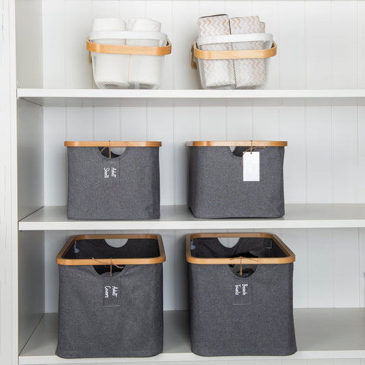 Dark Grey Linen Storage Basket and White Mesh Handy Basket - 6 Set - Little Label Co The Home of Organisation For Kitchen, Bathroom, Laundry & More