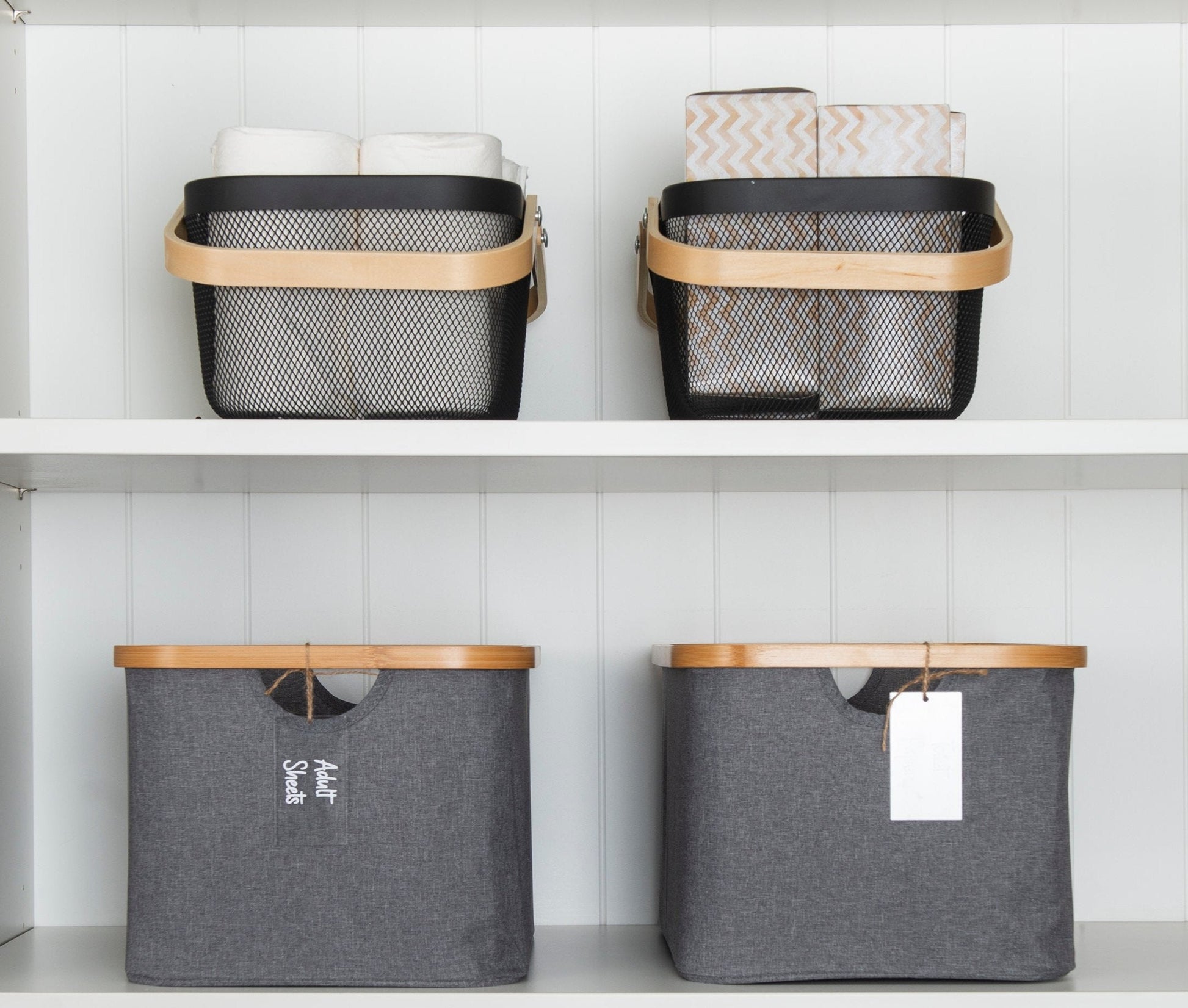 Dark Grey Linen Storage Basket and Black Mesh Handy Basket - 6 Set - Little Label Co The Home of Organisation For Kitchen, Bathroom, Laundry & More