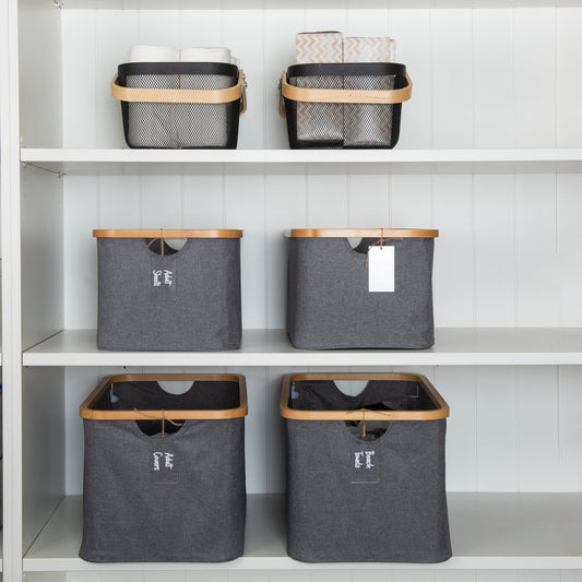 Dark Grey Linen Storage Basket and Black Mesh Handy Basket - 6 Set - Little Label Co The Home of Organisation For Kitchen, Bathroom, Laundry & More