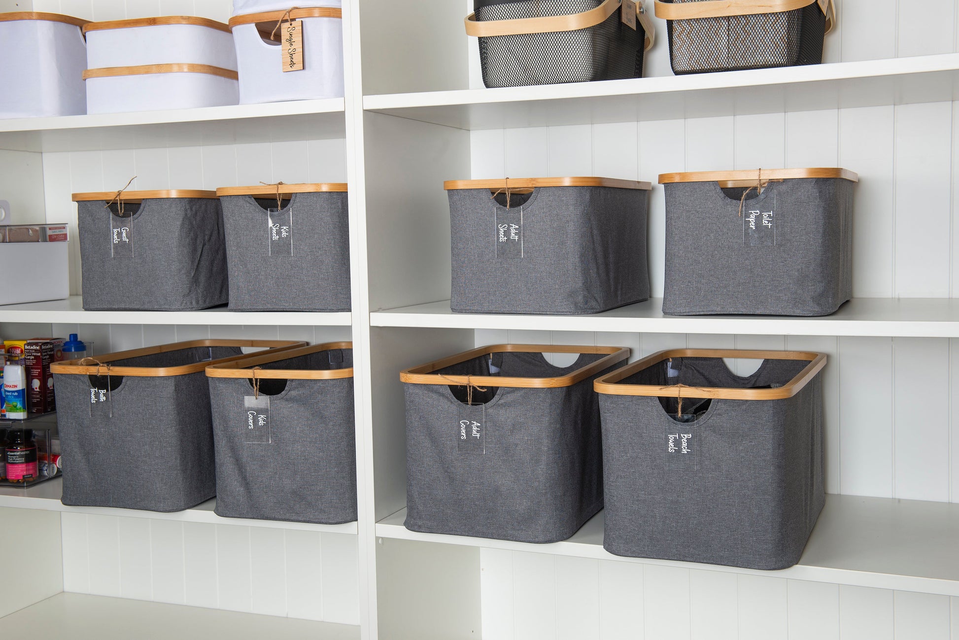 Dark Grey Linen Storage Basket - 8 Set - Little Label Co The Home of Organisation For Kitchen, Bathroom, Laundry & More