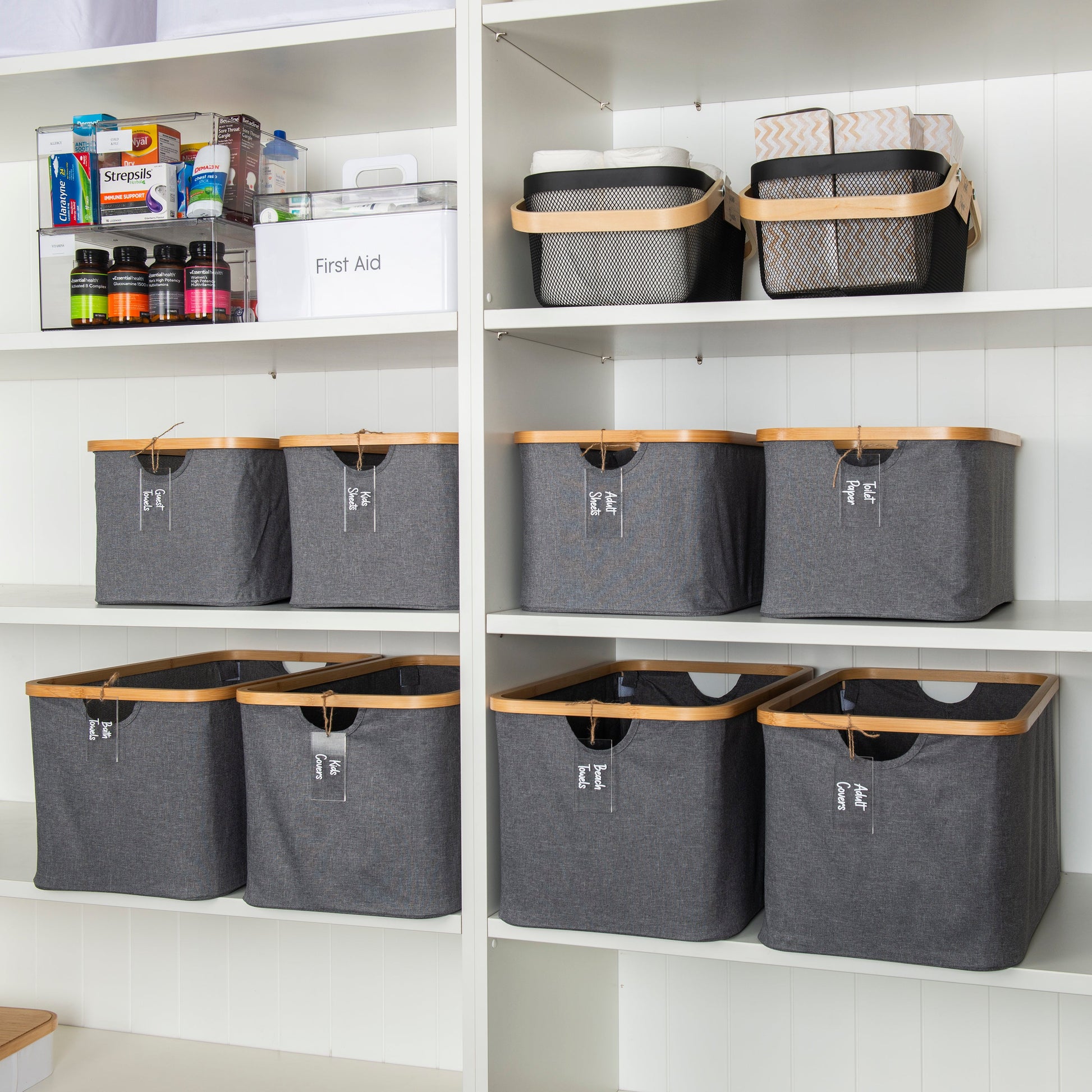 Dark Grey Linen Storage Basket - 8 Set - Little Label Co The Home of Organisation For Kitchen, Bathroom, Laundry & More