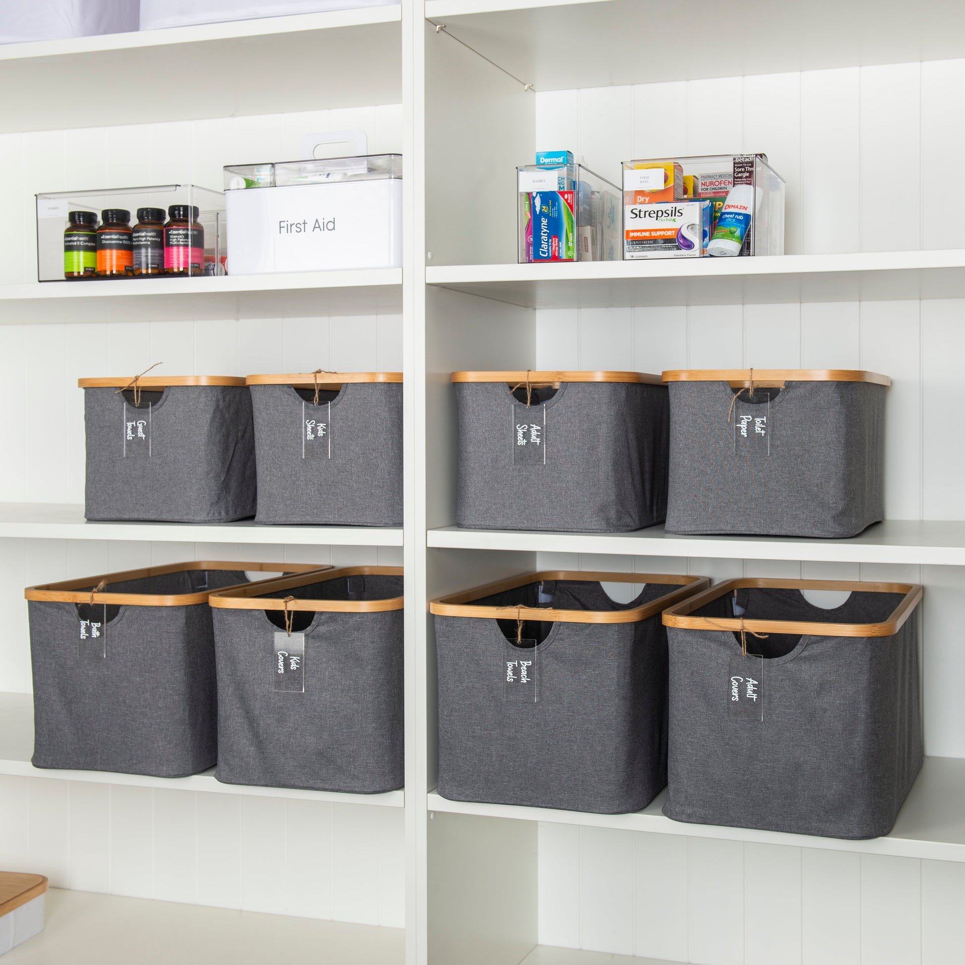 Dark Grey Linen Storage Basket - 8 Set - Little Label Co The Home of Organisation For Kitchen, Bathroom, Laundry & More