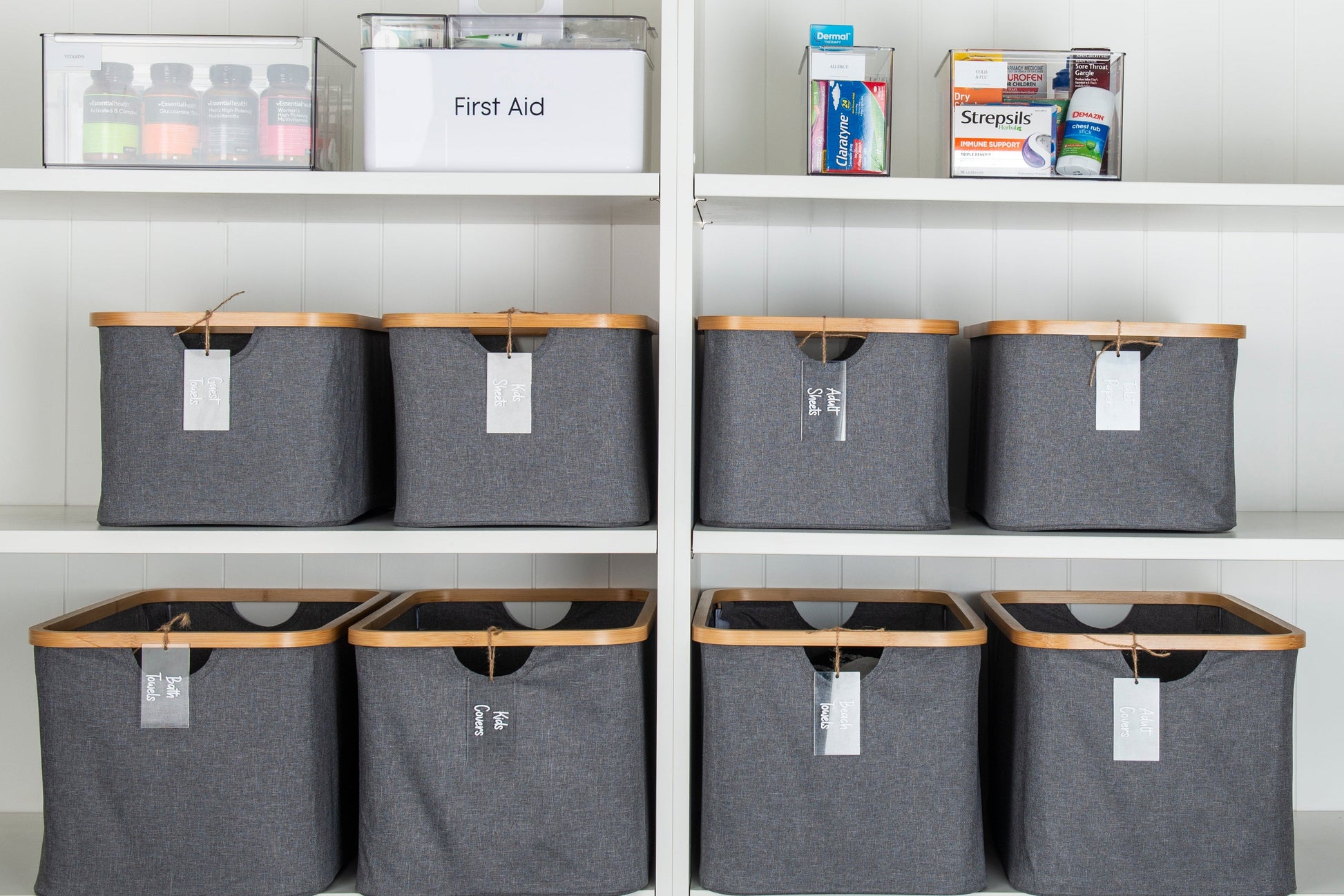 Dark Grey Linen Storage Basket - 8 Set - Little Label Co The Home of Organisation For Kitchen, Bathroom, Laundry & More