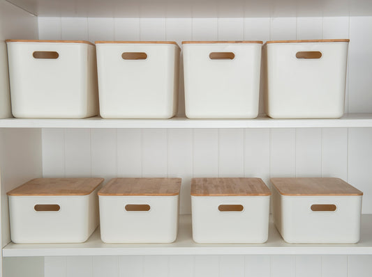 White Storage Container with Bamboo Lid - 8 Pack - Little Label Co The Home of Organisation For Kitchen, Bathroom, Laundry & More