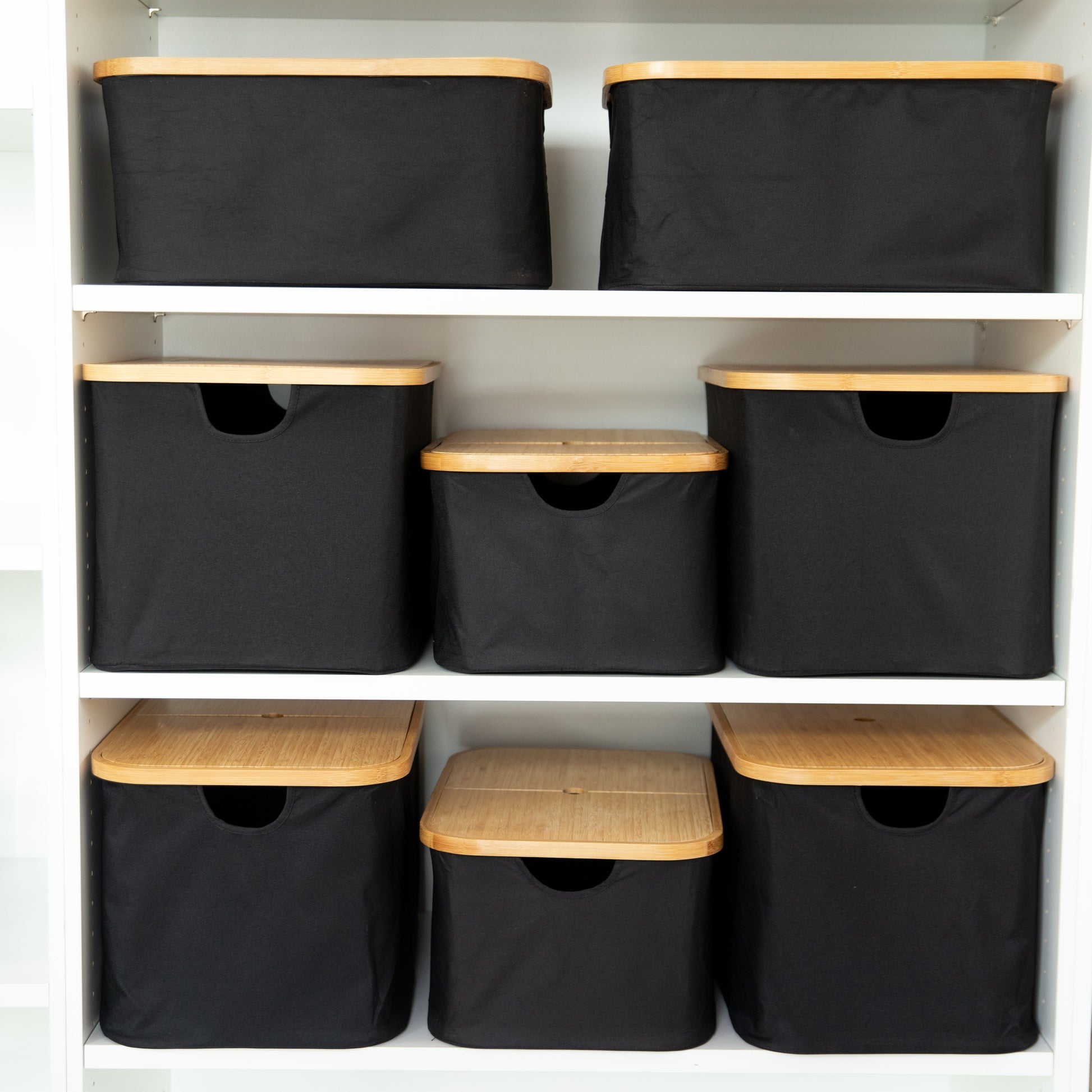 Black Fabric Bamboo Linen Storage Basket Set - 8 Pack - Little Label Co The Home of Organisation For Kitchen, Bathroom, Laundry & More