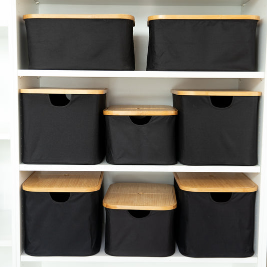 Black Fabric Bamboo Linen Storage Basket Set - 8 Pack - Little Label Co The Home of Organisation For Kitchen, Bathroom, Laundry & More