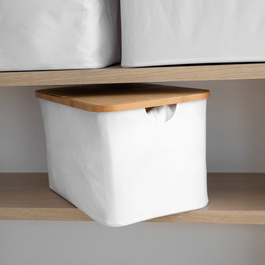 White Fabric Bamboo Linen Storage Basket - Large - Little Label Co The Home of Organisation For Kitchen, Bathroom, Laundry & More
