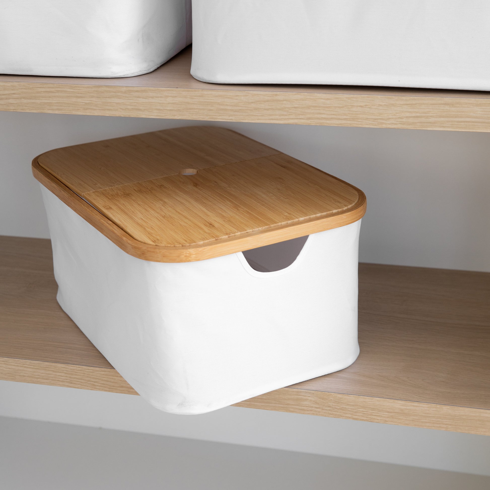 White Fabric Bamboo Linen Storage Basket - Small - Little Label Co The Home of Organisation For Kitchen, Bathroom, Laundry & More