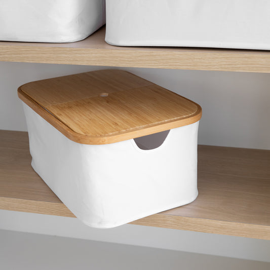 White Fabric Bamboo Linen Storage Basket - Small - Little Label Co The Home of Organisation For Kitchen, Bathroom, Laundry & More