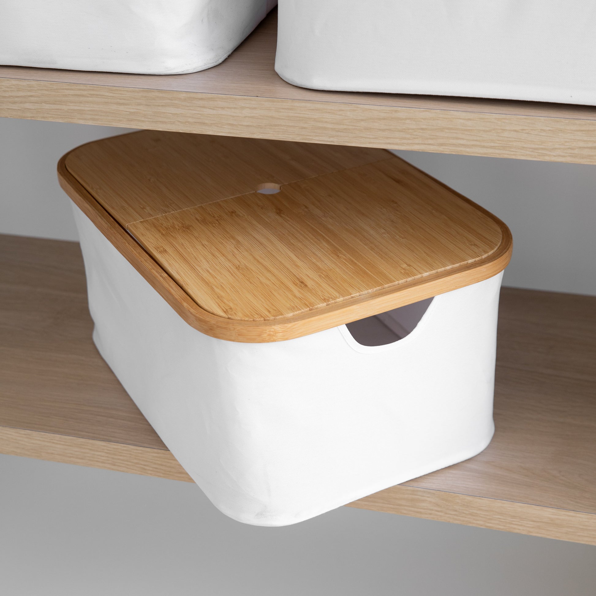 White Fabric Bamboo Linen Storage Basket - Medium - Little Label Co The Home of Organisation For Kitchen, Bathroom, Laundry & More
