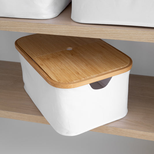 White Fabric Bamboo Linen Storage Basket - Medium - Little Label Co The Home of Organisation For Kitchen, Bathroom, Laundry & More