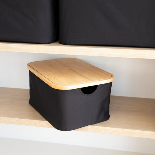 Black Fabric Bamboo Linen Storage Basket - Small - Little Label Co The Home of Organisation For Kitchen, Bathroom, Laundry & More