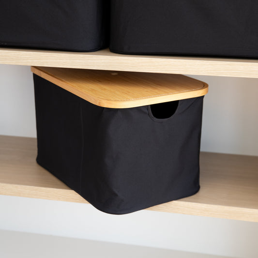 Black Fabric Bamboo Linen Storage Basket - Medium - Little Label Co The Home of Organisation For Kitchen, Bathroom, Laundry & More