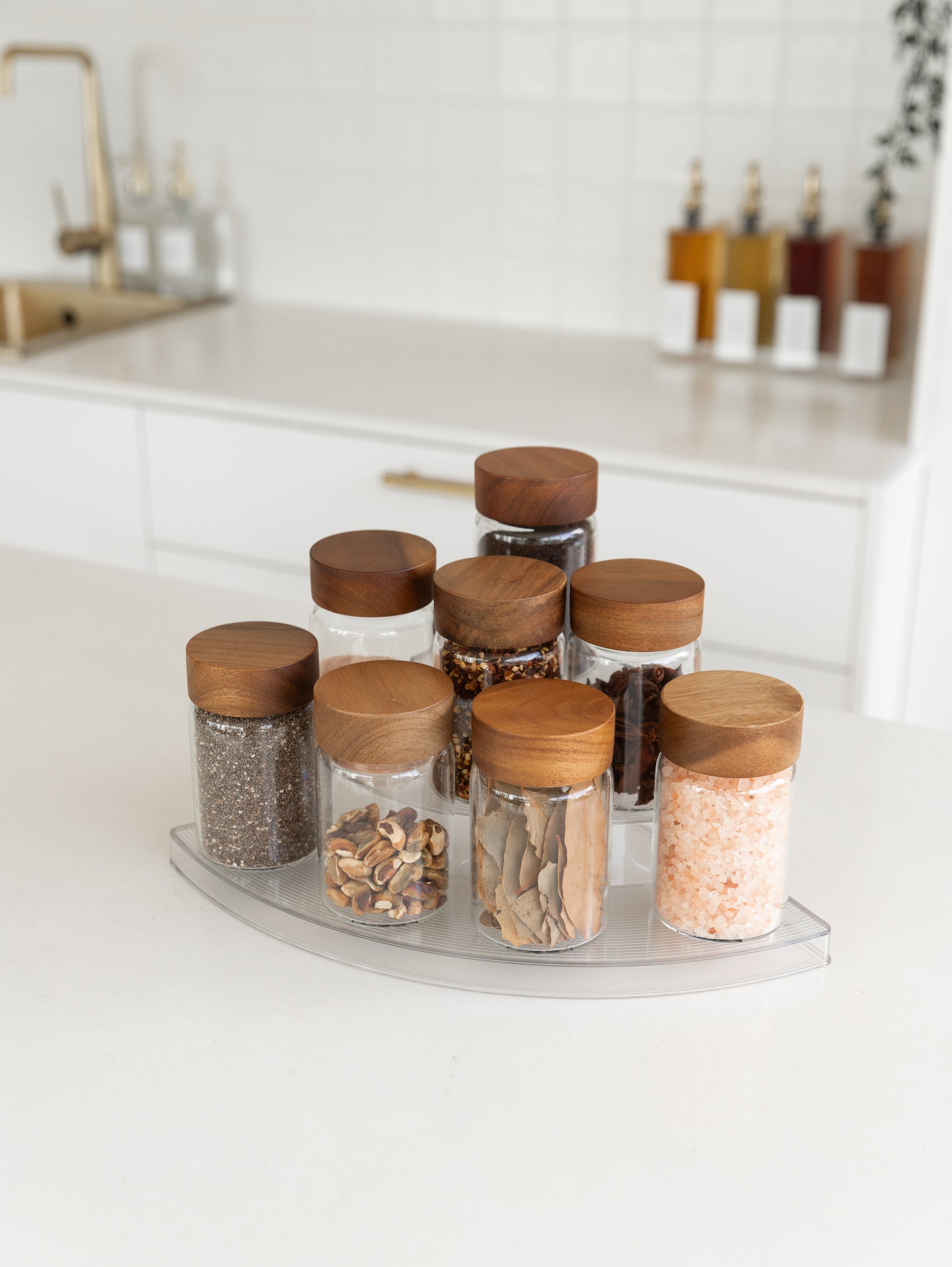 Clear 3-Tier Corner Shelf with 8x250ml Acacia Spice Jars - Little Label Co The Home of Organisation For Kitchen, Bathroom, Laundry & More