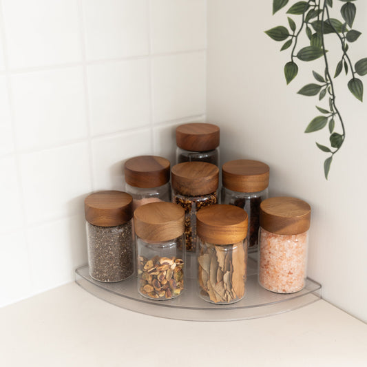Clear 3-Tier Corner Shelf with 8x250ml Acacia Spice Jars - Little Label Co The Home of Organisation For Kitchen, Bathroom, Laundry & More